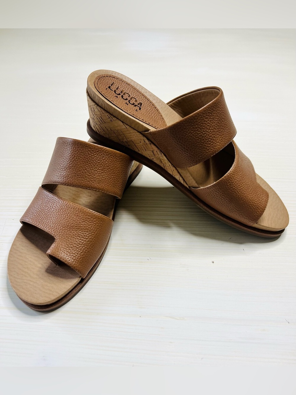 Lucca Lane Tan Double-Band Wedge comfort Slide Sandals